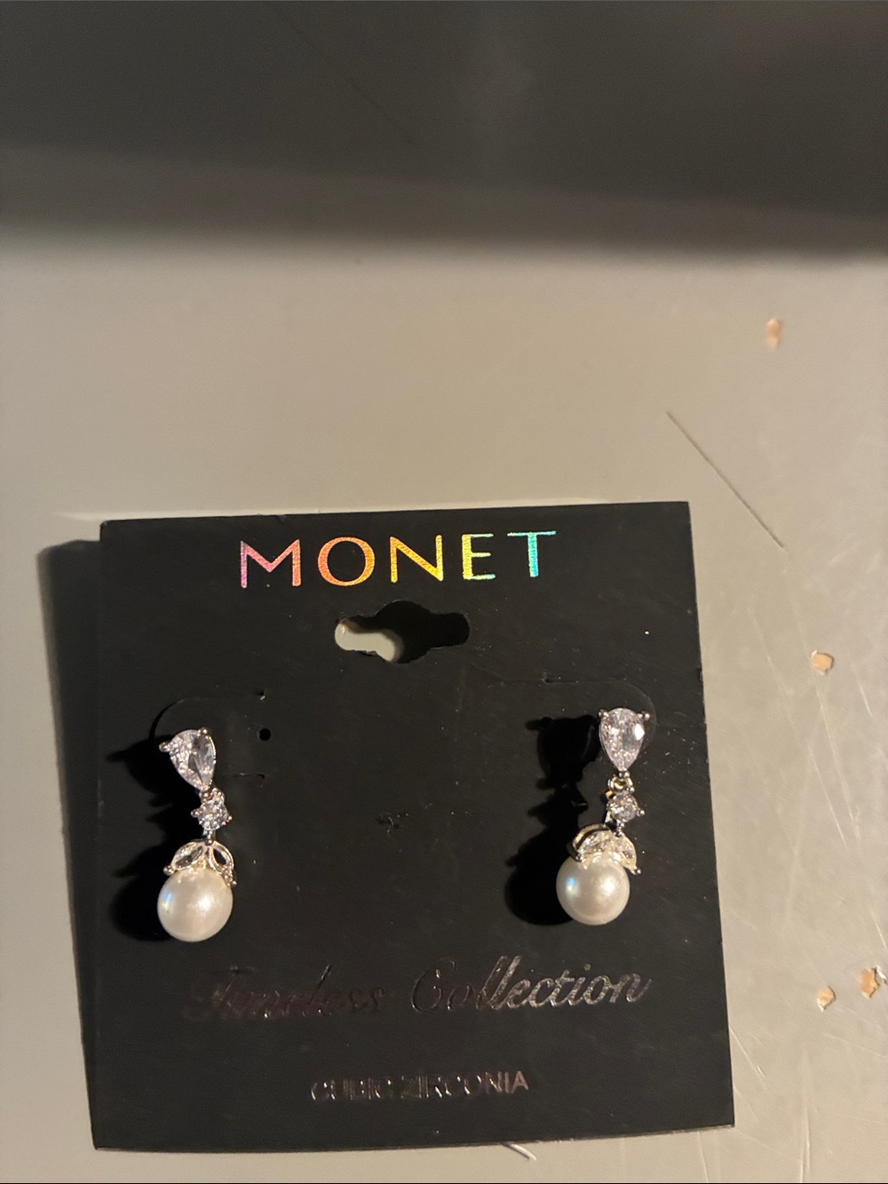 Monet Silver-Tone Pearl Drop Earrings with Clear Crystals